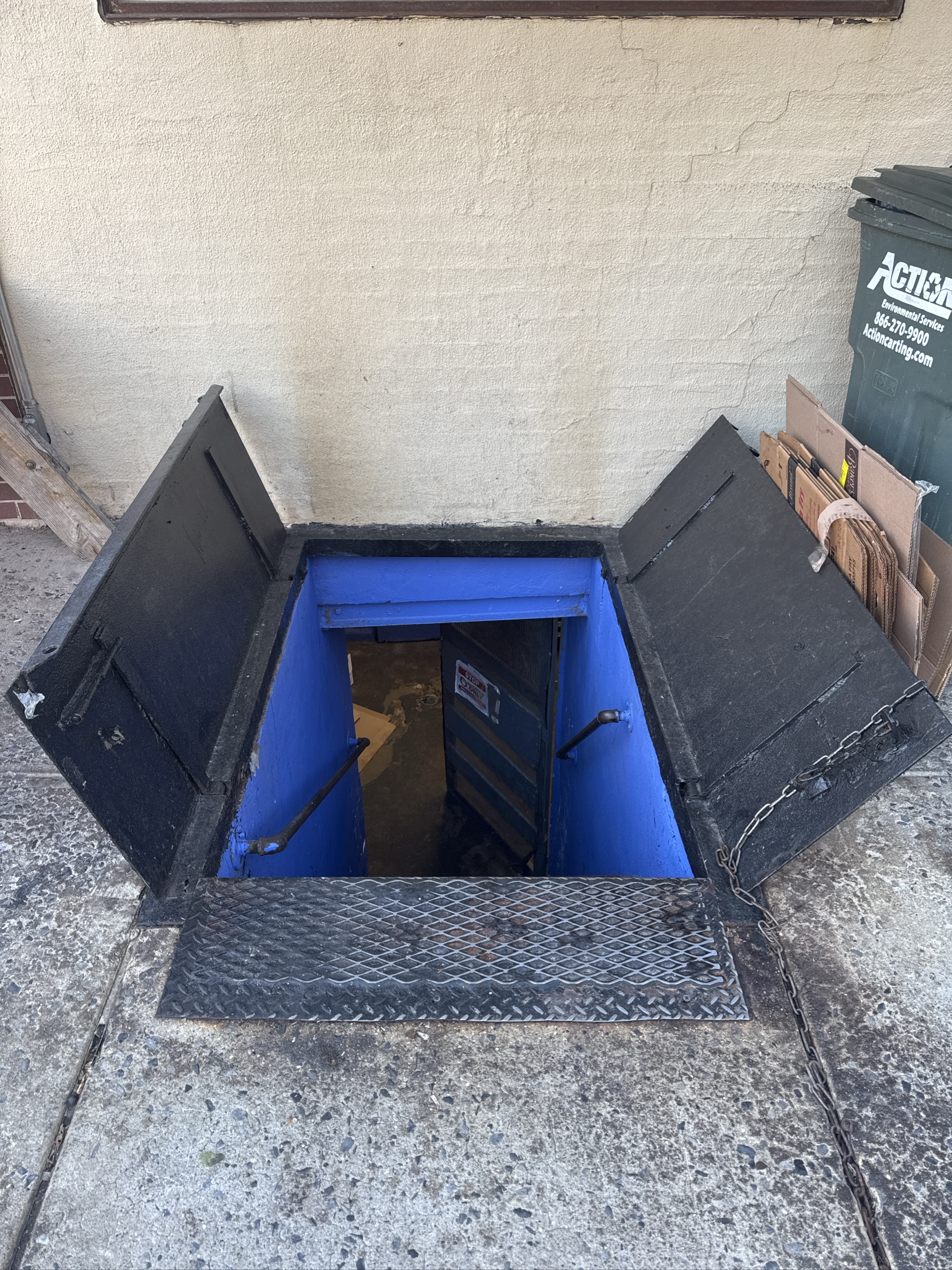 Open cellar doors reveal blue-painted basement entrance with metal grating.